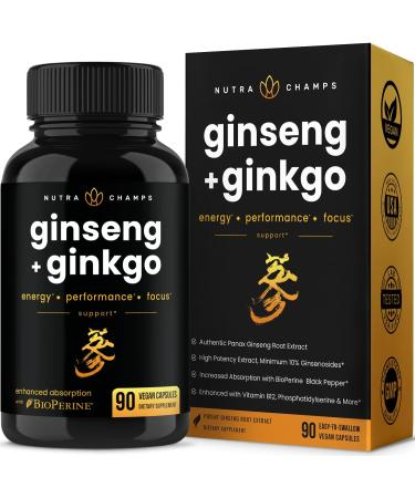 Korean Red Panax Ginseng Gold Series Double Strength Root Extract 10% Ginsenosides Energy & Focus Pills with Ginkgo Biloba, Vitamin B12, Acetyl L-Carnitine & BioPerine - Vegan Capsules