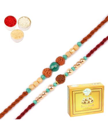 Ghasitaram Gifts Rakhi for Brother Rakhis Online - Set of 2-1891 and 1903 Rudraksh Rakhis with 400 GMS of Soan Papdi