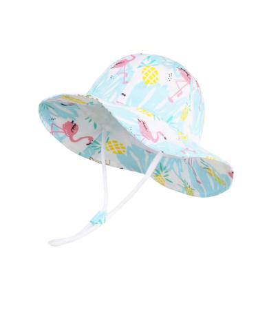 LANGZHEN Beach Sun Protection Hat for Baby Girls Adjustable Toddler Kids Hat Wide Brim Summer Play Hat with Chin Strap Flamingo 4-8 Years