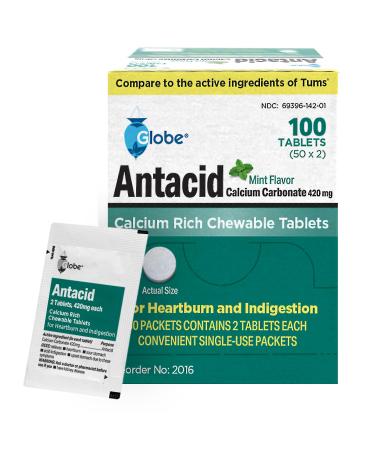 Globe Chewable Mint Antacid Tablets for Acid Indigestion Heartburn and Upset Stomach - 50 Packets of 2 Tablets Each 100 Count. Made in The USA