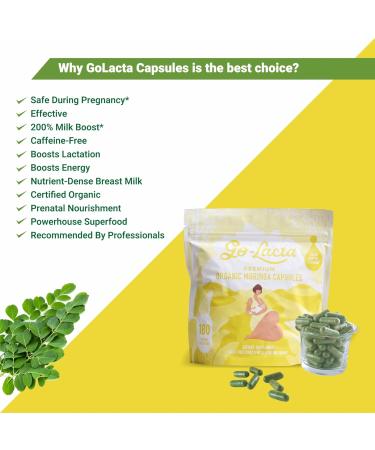 Go-Lacta 100% Organic Premium Moringa Capsules for Breastfeeding - Build Breast Milk Supply Before Birth - Healthy Breastfeeding for Mom and Baby - Increase Breast Milk Supply Moringa Leaves Pack of 180 Capsules - Buy Online on GoSupps.com