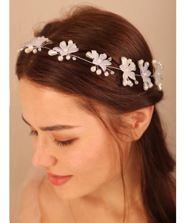 Deniferymakeup White Flower Headband Wedding Bridal Hair Piece Bohemia Pearl Hair Accessory for Women and Girls (Silver)
