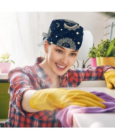 Celestial Moon Sun Star Scrub Caps Hats 2PCS for Women with Ponytail Holder | Bouffant Working Hat for Long Hair Cover | Pattern 01 - Buy Online on GoSupps.com