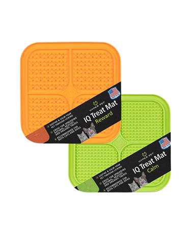 Hyper Pet IQ Treat lick mat for Dogs, Dog Slow Feeder & Cat lick mats | Great Alternative to Slow Feeder Dog Bowls & Cat Slow Feeders | Perfect Dog licking mat, Cat Puzzle Feeder & Dog Enrichment Toys 2 Pack Green/Orange
