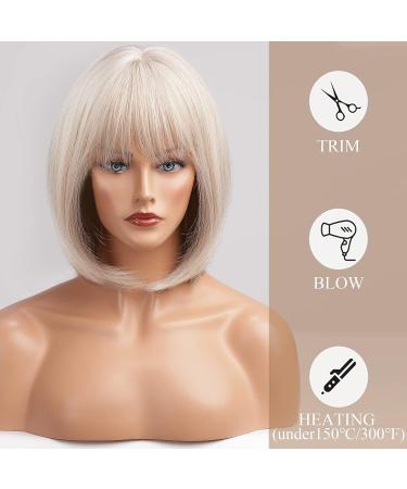 HAIRCUBE 12 Inch Blonde to White Bob Wig with Bangs | Ombre to Blonde Synthetic Heat Resistant Hair for Women - Creamy White - Buy Online on GoSupps.com