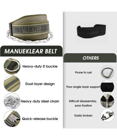 Manueklear DIP Belt for Men & Women - Double Layer Weight Lifting Belt with Chain & Carabiner | Olive Green Weight Belt for Bodybuilding & Strength Training - Buy Online on GoSupps.com