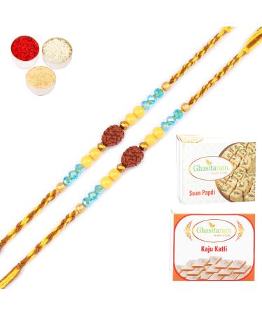 Ghasitaram Gifts Rakhi for Brother Rakhis Online - Set of 2-1906- Rudraksh Rakhi with 200 GMS of Kaju katli and 200 GMS of Soan Papdi