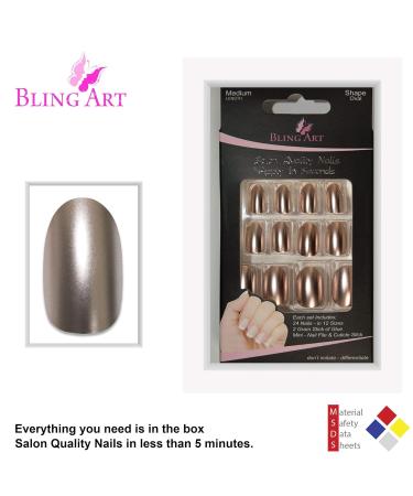 Shop Bling Art Beige Metallic Oval False Nails - 24 Medium Tips | Premium Artificial Nails for Flawless Style - Buy Online on GoSupps.com