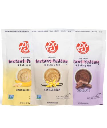 P.S. Snacks Instant Pudding & Baking Mix (Variety Pack of 3, Vanilla Bean, Chocolate and Banana Cream), Plant Based, Gluten Free, 70% Less Sugar, Dairy Free, Vegan Variety Pack 4.9 Ounce (Pack of 3)
