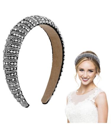 WLLHYF Rhinestone Headband Headpiece Hairbands Fashion Padded Beaded Crystal Jeweled Sparkly Black Silver Diamond Thick Large Bling Hair Hoop Christmas Styling Accessories For Women Bridal Wedding