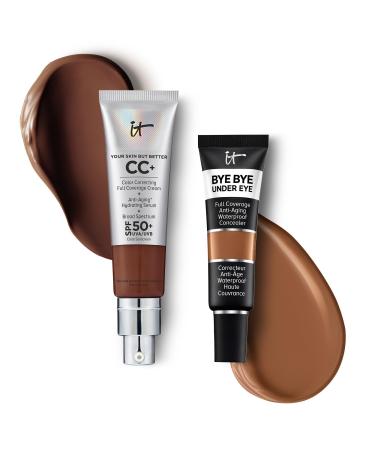 IT Cosmetics CC+ Cream with SPF 50+ Natural Finish Full Coverage Foundation (Deep Bronze - 1.08 fl oz) & Bye Bye Undereye Concealer Anti-Aging Makeup (43.0 Deep Honey - 0.4 fl oz)