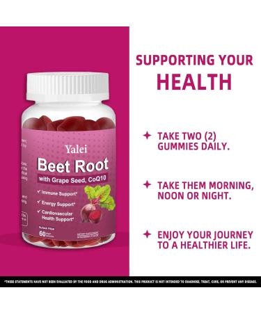 Yalei Beet Root Gummies for Blood Pressure | Sugar-Free | Beetroot Supplement with 1000 mg Beet Root 1000 mg Grape Seed Extract & 200 mg CoQ10 | Vegan Non-GMO | Strawberry Flavor - Buy Online on GoSupps.com