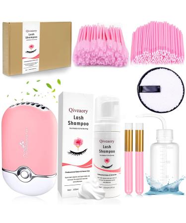 150ml/5.07fl.oz Eyelash Extension Cleanser Extension Lash Shampoo Brush Mini USB Portable Lash Fan Mascara Brush Disposable Microbrush Wash Bottle Reusable Makeup Remover Pad Gentle Cleaning (Rose)