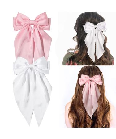 Kinretixia 2 Pieces Hair Bow Clips for Women Large Satin Hair Bows Long Tail Alligator Clips Big Hair Bow Girls Hair Pink/White