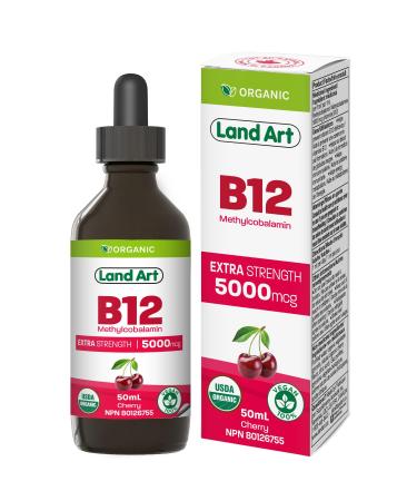 Certified Organic Vitamin B12 5000mcg Drops Methylcobalamin 50 Servings Land Art - Vegan - Sugar Free Maximum Absorption Made in Canada