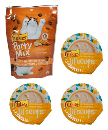 Friskies Party Mix Chicken Lovers Crunchy Cat Treats & Lil' Soups Wet Cat Food Complements Chicken & Tuna Broth (4-Pack Variety)