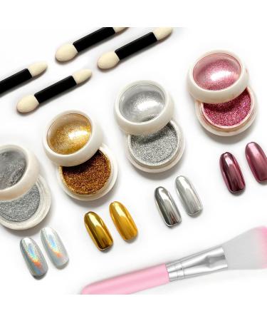 Lofuanna Chrome Nail Powder Set - 4 Colors Mirror Effect Holographic Glitter for Nail Art with 4pcs Eyeshadow Sticks and Dust Brush - 0.5g/Jar - Buy Online on GoSupps.com