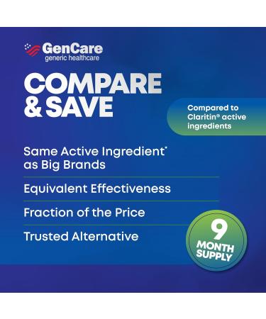 GenCare 24 Hour Nondrowsy Allergy Relief Tablets Loratadine 10mg 300 Count Daily Allergy Medicine Non Drowsy Antihistamine for Adults & Kids Age 6+ Generic for Clariten 10 mg Single Tablet Dose - Buy Online on GoSupps.com