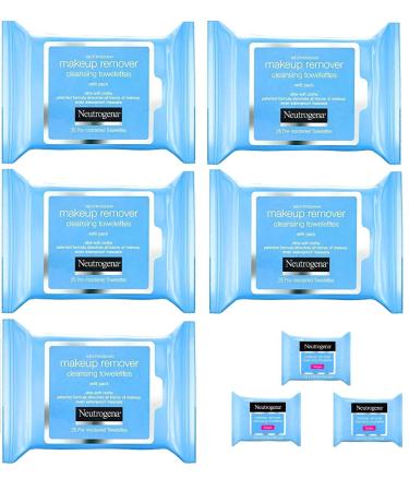 Neutrogena Makeup Remover Cleansing Towelettes, Daily Face Wipes to Remove Dirt, Oil, Makeup & Waterproof Mascara, 25 ct (5 pack + 3 Bonus Pouches)