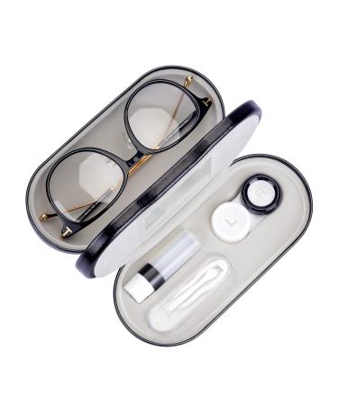 Muf 2 in 1 Double Sided Portable Contact Lens Case and Glasses Case,Dual Use Design with Built-in Mirror, Tweezer and Contact Lens Solution Bottle Included for Travel Kit Black