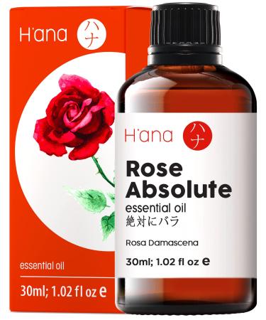 Hana Rose Essential Oils for Skin Use & Aromatherapy - 100% Pure Therapeutic Grade Rose Oil for face - Rose Oil Essential Oil for Diffuser, Skin, Face, Hair & Perfume (1 fl oz) Rose Absolute