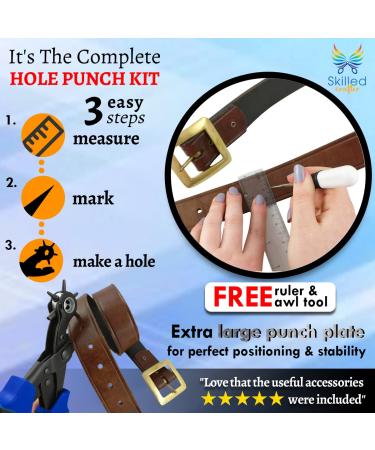 Skilled Crafter Leather Belt Puncher Set with Case - Professional Quality Heavy Duty Revolving Punch with 6 Round Hole Sizes and Accessories - 2 Year Warranty - Buy Online on GoSupps.com