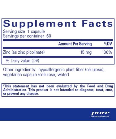 Pure Encapsulations Zinc 15mg | Immune Support & Growth | Zinc Picolinate Supplement - 60 Capsules - Buy Online on GoSupps.com