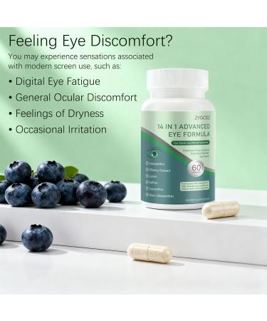 14-in-1 Advanced Eye Vitamin Supplement with Lutein Zeaxanthin Bilberry Extract & Zinc for Adults - Supports Vision Macula & Blue Light Protection - 60 Capsules (01) - Buy Online on GoSupps.com