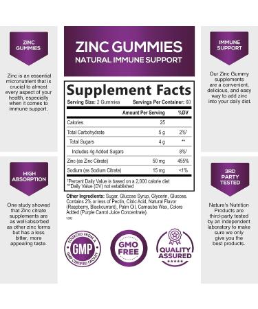 Nature's High Potency Zinc Gummies 50mg - Immune Health Support & Antioxidant Supplement - Vegan, Non-GMO, Gluten Free - 120 Gummies - Buy Online on GoSupps.com