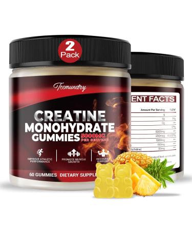 Creatine Monohydrate Gummies 5000mg for Men & Women 120 Creatine Sugar Free Gummies with L-Taurine Betaine Anhydrous Alpha GPC Vitamin B12 for Muscle Support Energy Boost Pineapple 60 Count (Pack of 2)