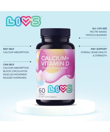 LIVS Calcium & Vitamin D3 Gummies for Adult & Kids 170mg Calcium & 1000 IU Vitamin D3 Supplement for Immune Support Bone & Teeth Health | Cotton Candy Flavor | Gluten-Free | 120 Count/60 Servings Calcium & Vitamin D 60 C  - Buy Online on GoSupps.com