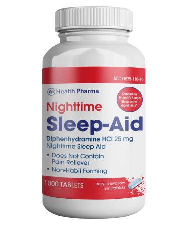 Health Pharma Nighttime Sleep-Aid, Diphenhydramine HCL Caplets, 25 mg (Blue), 1000 Count