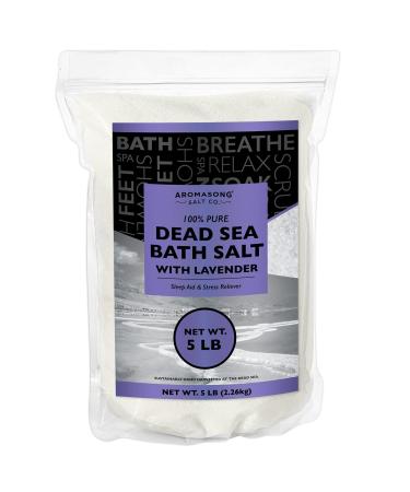 Pure Dead Sea Salt for Soaking with 100% Natural Lavender Essential Oil - 5 LB Spa Bath Salt Fine Grain in Resealable Pack - for Body Wash Scrub - Soak for Women & Men for Tired Muscles & Skin Issues