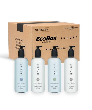 1-Shoppe Aquavera 10 Piece Ecobox All-In-Kit | White Tea and Coconut Soap | 3 Shampoo 2 Conditioner 3 Body Wash & 2 Lotion | 10.14oz Hotel Soaps and Toiletries Bulk | Personal Care Products