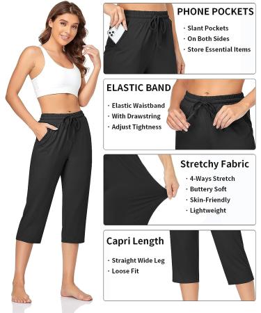 TARSE Women's Black Capri Yoga Pants XX-Large with Drawstring - Soft, Loose Fit Sweatpants for Workout and Casual Lounge with Pockets - Buy Online on GoSupps.com