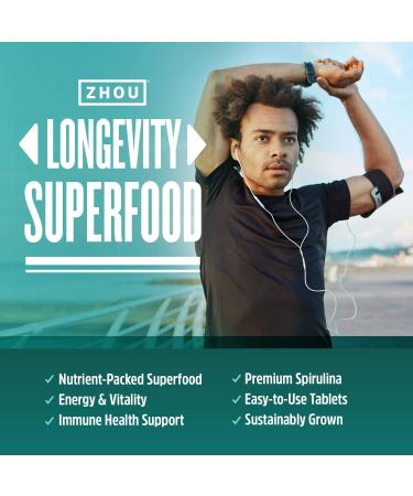 Zhou Nutrition Spirulina Tablets- 180 Count Superfood Vitamins from California- Vegan Protein, Amino Acids, Non-GMO, Gluten Free - Buy Online on GoSupps.com