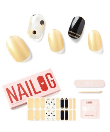 NAILOG Semi Cured Nail Strips (20 Extra Long Polish Stickers / Wraps) | Glossy & Long Lasting Soft Finishing | Golden Pearlescent/Glitter |Bonbon