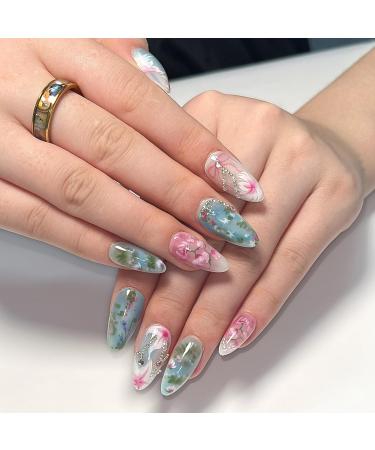 Press on Nails Medium Almond Fake Nails with Flower Designs Rhinestone Pearl Chain Fake Nails Glossy 3D False Nails Reusable Nail Kit for Women Artificial Nails 24Pcs Halloween nails-32