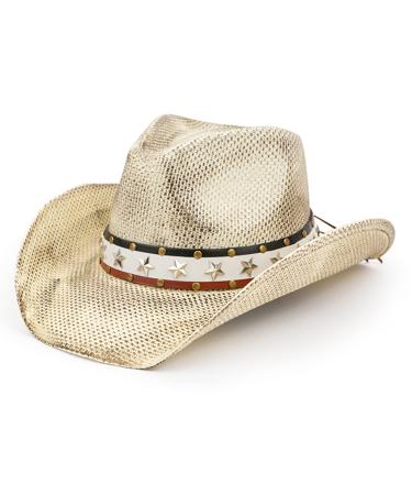 TOVOSO American Flag Cowboy Cowgirl Hat with Shape-It Brim for Men or Women, Vintage Stars and Stripes Vintage White