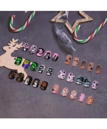 144 Pcs Halloween Press On Nails Kit - Short Square Full Cover Designs with Ghosts Skulls Bats & Pumpkins - Glossy Artificial Nail Set for Men & Women - Buy Online on GoSupps.com
