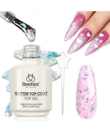 beetles 2 In 1 Silver Glitter Top Coat 15 ML No wipe Stars Moon Halo Top Coat Soak Off UV Uv Led Gel Nail Polish Long Lasting Highly Shine Manicure Art Decoration Supplies 2 In 1 Silver Glitter Top Coat 0.51 Fl Oz (Pack of 1)