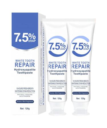 2pcs 7.5% Hydroxyapatite Toothpastes for Enamel Protection and Tooth Strengthening 7.5% Nano Hydroxyapatite Toothpaste White Tooth Repair Fluoride-Free Gentle Mint Fresh Breath Blue