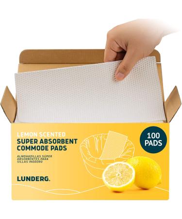 Lunderg Lemon Scented Super Absorbent Commode Pads - Medical Grade Value Pack 100 Count - for Bedside Commode Liners Disposable, Adult Commode Chair, Portable Toilet Bags - Make Your Life Easier Lemon 100 Count