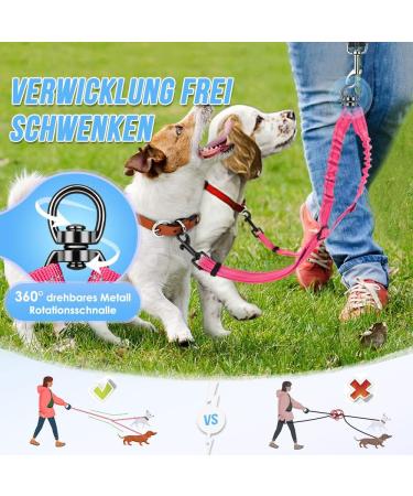 NASJAC Double Dog Leash - No Tangling 360 Rotatable Bungee Leash for Small Medium and Large Dogs | Adjustable Shock-Damping & Reflective - Pink Fluorescent - Buy Online on GoSupps.com