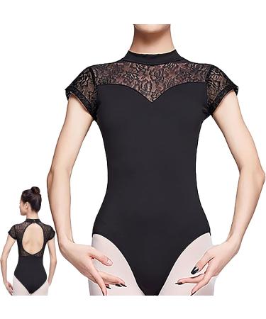 UTOWO Women's Black Lace Short-Sleeve Ballet Leotard with Swan Collar - Small - Buy Online on GoSupps.com