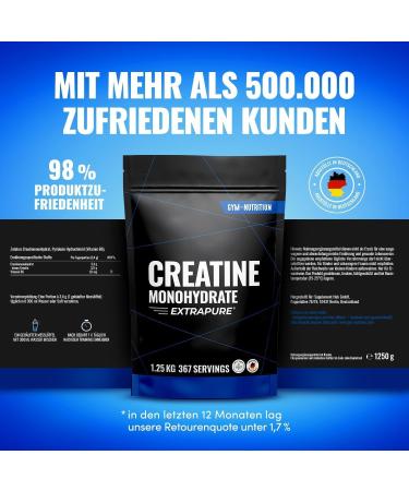Gym Nutrition Creatine Monohydrate Powder 125 kg 1250 g ultrapure creatine monohydrate with vitamin B6 optimally high dosage vegan oneyear supply 125kg - Buy Online on GoSupps.com