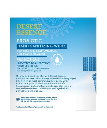Desert Essence Probiotic Hand Sanitizing Wipes Lemongrass 20 ct - Gluten-Free Vegan Cruelty Free - Kills 99.99% of Germs - Skin Conditioning & Moisturizing - Buy Online on GoSupps.com