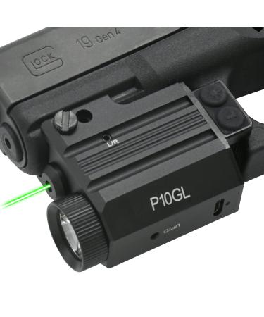 P10GL Pistol Green Laser Light Combo (Pistol Green Laser Sight and 500 Lumen Strobe Pistol Flashlight) (USB Rechargeable: Built-in Battery + USB Charger) for Compact Pistols Like Glock 19