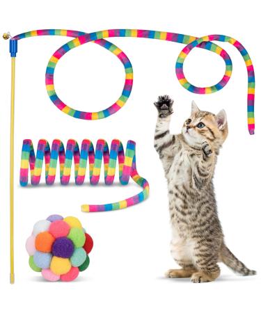 Cat Toys, Cat Wand Teaser Toys Cat Fuzzy Balls with Bell Inside and Cat Springs, Interactive Cat Toys for Indoor Cats Kittens Kitty, 3 Pack Rainbow-Red