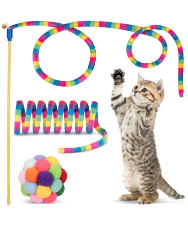 Cat Toys, Cat Wand Teaser Toys Cat Fuzzy Balls with Bell Inside and Cat Springs, Interactive Cat Toys for Indoor Cats Kittens Kitty, 3 Pack Rainbow-Red - Buy Online on GoSupps.com